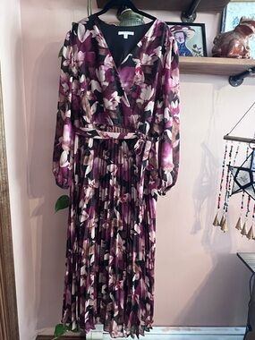 Studio One Plum Floral Long-Sleeve Faux Wrap Midi Dress